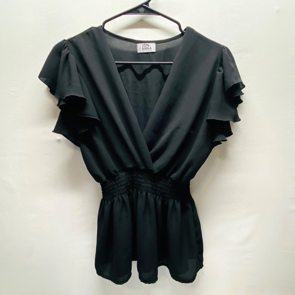 Jon & Anna Smocked Waist Blouse Women's Small Black Contemporary V-Neck Top GUC